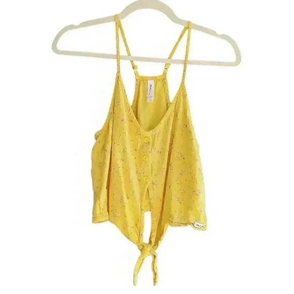 New RVCA Your Escape Yellow Floral Print Knotted Button Up Cropped Tank Top - Picture 5 of 10